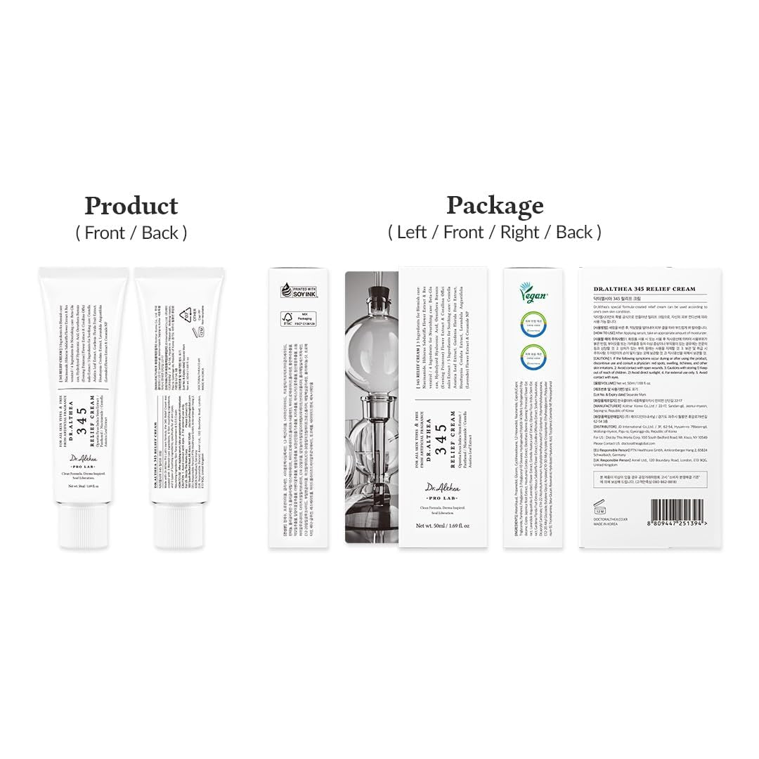345 Relief Cream, Daily Face Moisturizer, Blemish Relief Care, Soothing Recovery & Moisture, Korean Vegan Skin Care for All Skin Types, 1.69 Fl Oz (Pack of 2)